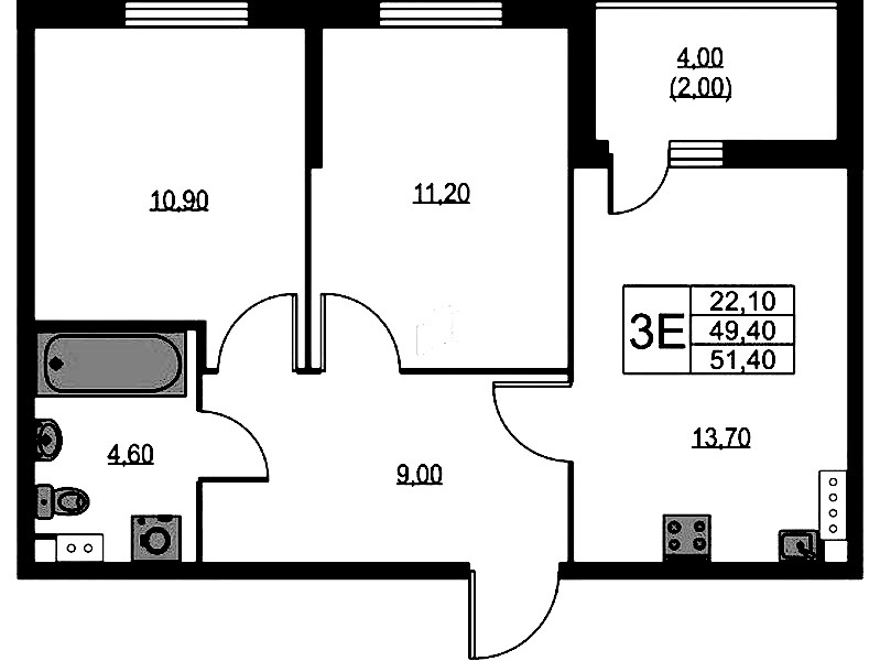 2-комнатная квартира 51.4 м², 3/11 эт., ЖК «А101 Лаголово»